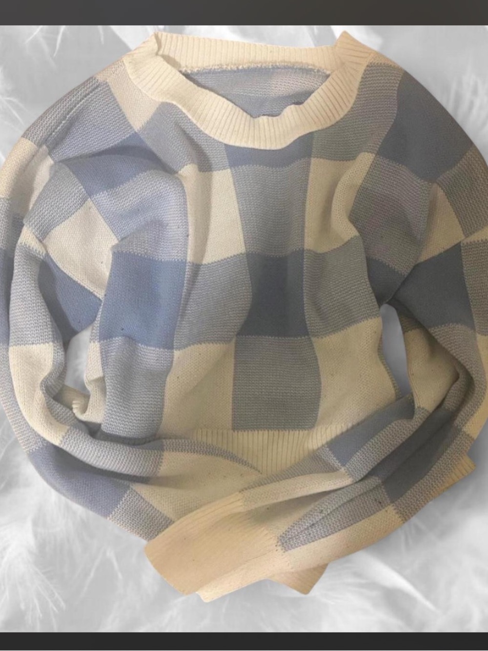 Y2K Preppy Academia Cream & Light Blue Checker Knit Sweater